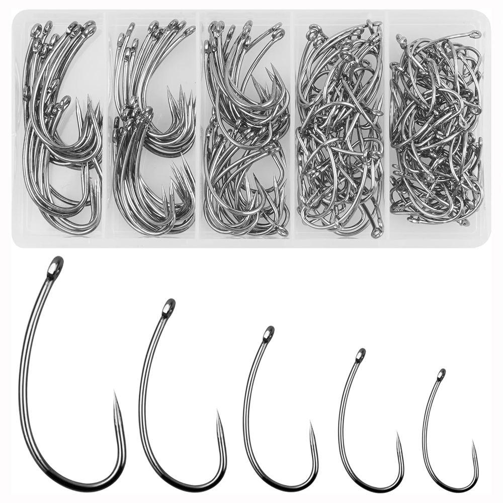 Fishing Hook Assortment - Barbless Fishing Hooks Kit, Shank curvo,
