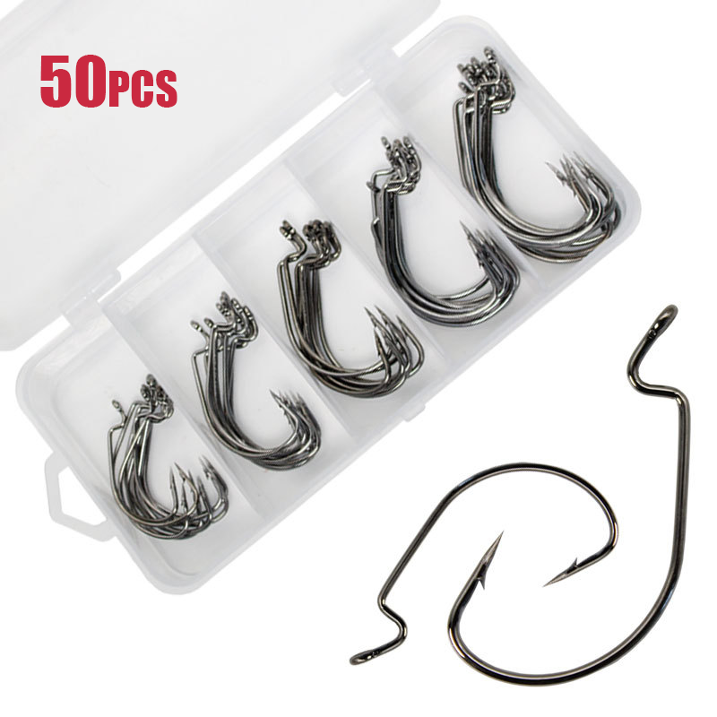 50 pçs largo worm gancho de aç - Fishing Hook Offset avaliação e preço